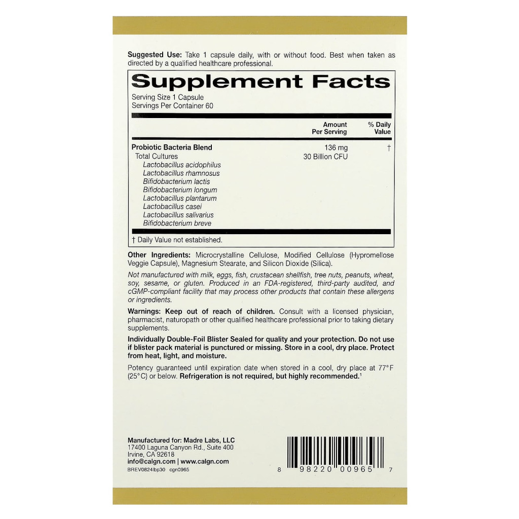California Gold Nutrition, LactoBif® 30 Probiotics, 30 Billion CFU, 60 Veggie Capsules California Gold Nutrition, LactoBif® 30 Probiotics, 30 Billion CFU, 60 Veggie Capsules