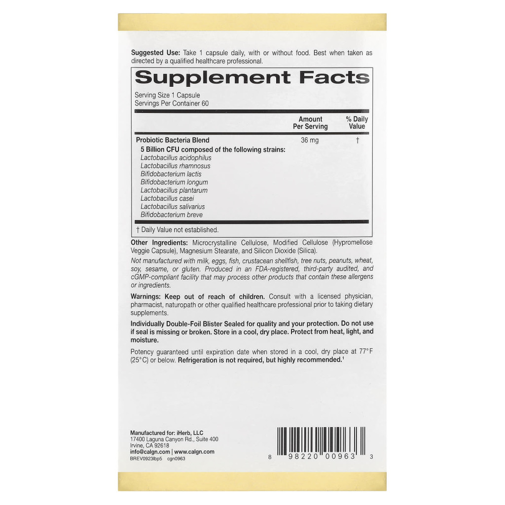 California Gold Nutrition, LactoBif® 5 Probiotics, 5 Billion CFU, 60 Veggie Capsules California Gold Nutrition, LactoBif® 5 Probiotics, 5 Billion CFU, 60 Veggie Capsules