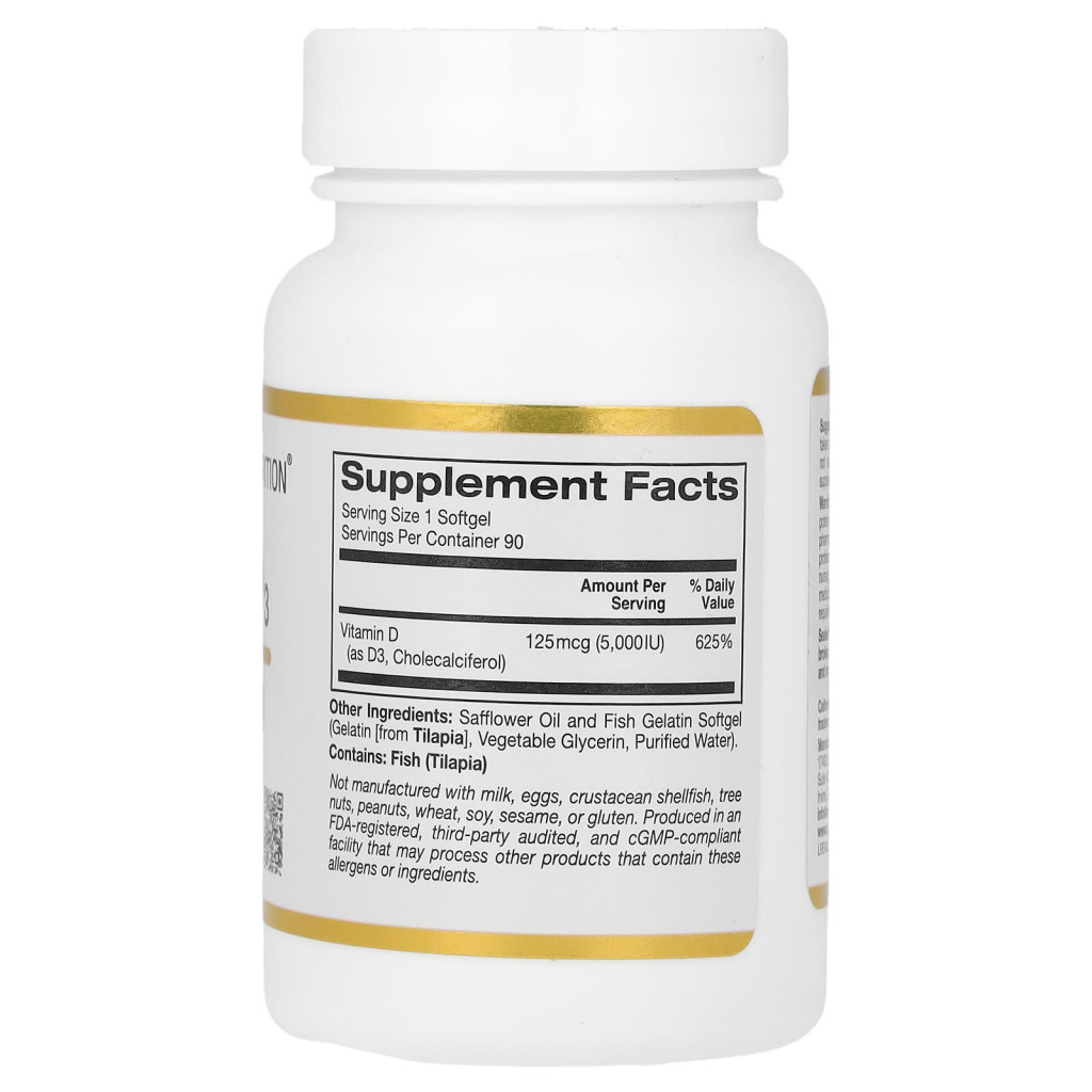 California Gold Nutrition, Vitamin D3, 125 mcg (5,000 IU), 90 Fish Gelatin Softgels California Gold Nutrition, Vitamin D3, 125 mcg (5,000 IU), 90 Fish Gelatin Softgels