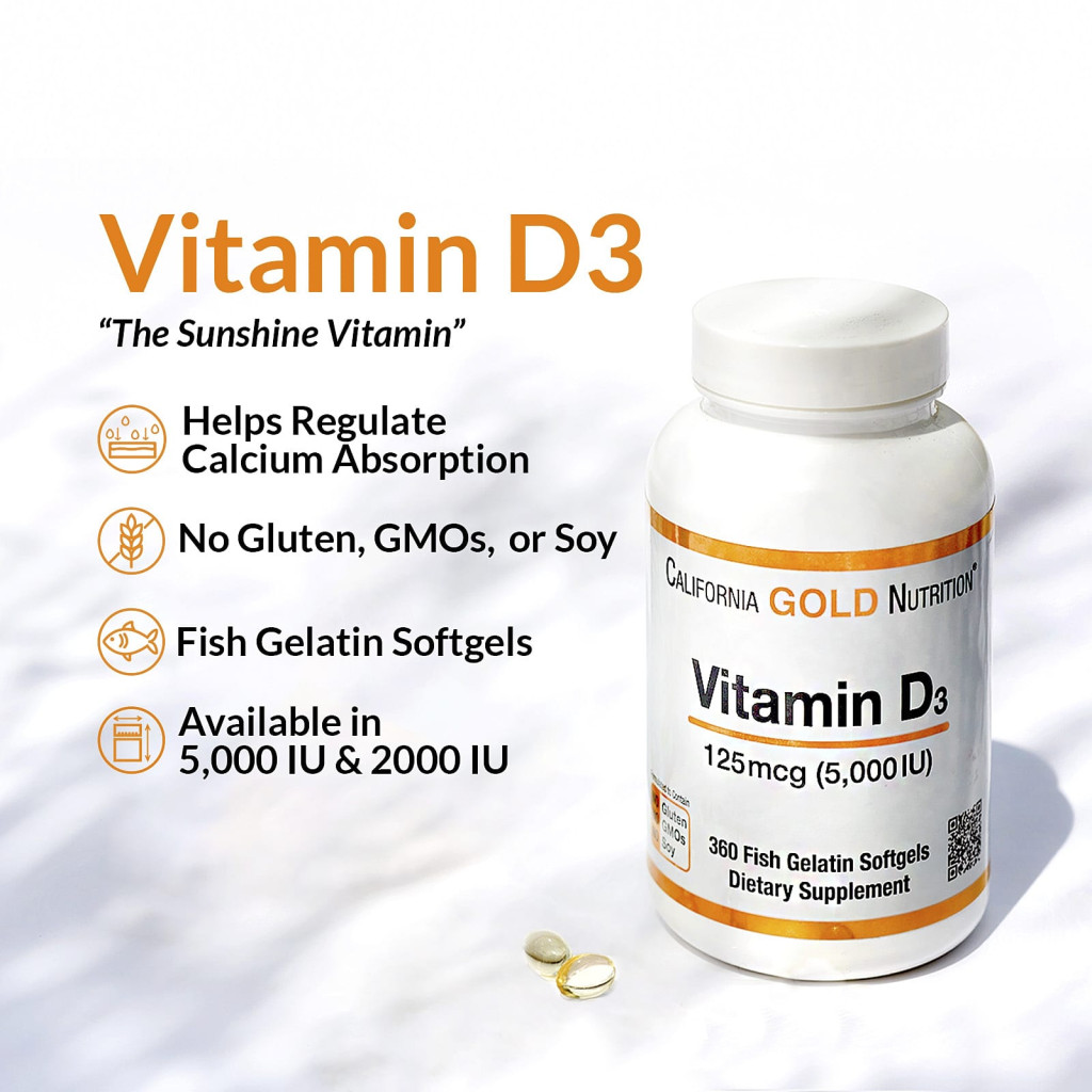 California Gold Nutrition, Vitamin D3, 125 mcg (5,000 IU), 90 Fish Gelatin Softgels California Gold Nutrition, Vitamin D3, 125 mcg (5,000 IU), 90 Fish Gelatin Softgels
