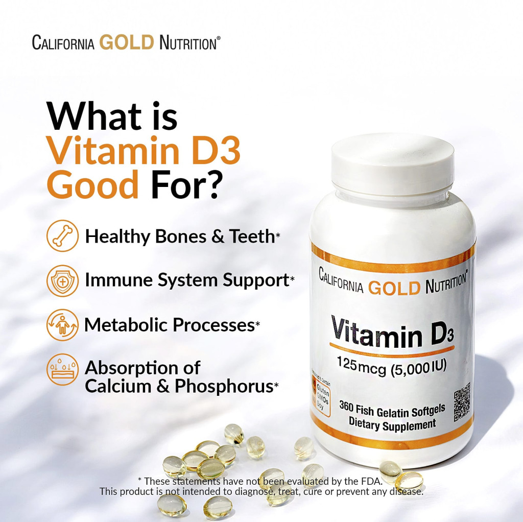 California Gold Nutrition, Vitamin D3, 125 mcg (5,000 IU), 90 Fish Gelatin Softgels California Gold Nutrition, Vitamin D3, 125 mcg (5,000 IU), 90 Fish Gelatin Softgels