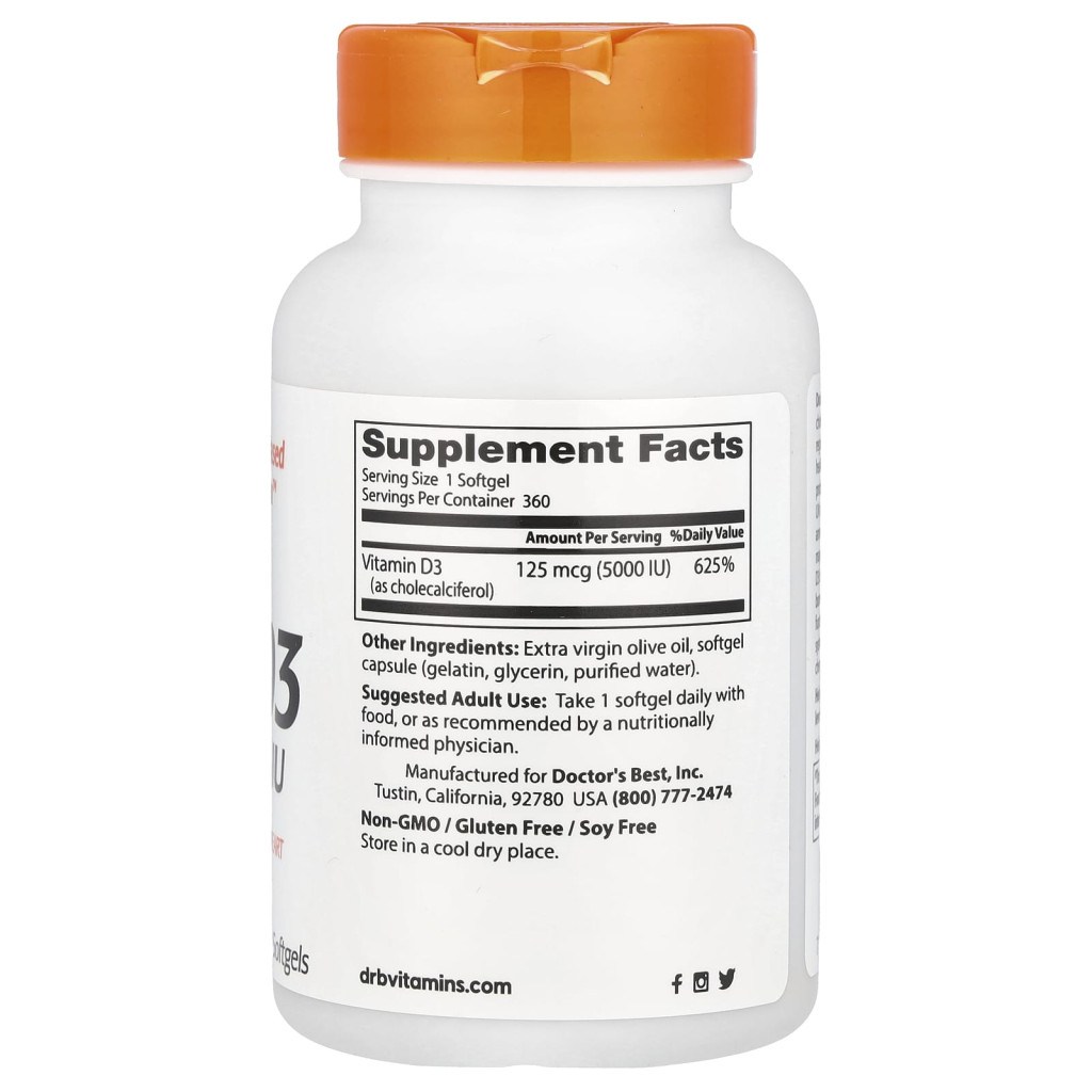 Doctor's Best, Vitamin D3, 125 mcg (5,000 IU), 360 Softgels Doctor's Best, Vitamin D3, 125 mcg (5,000 IU), 360 Softgels