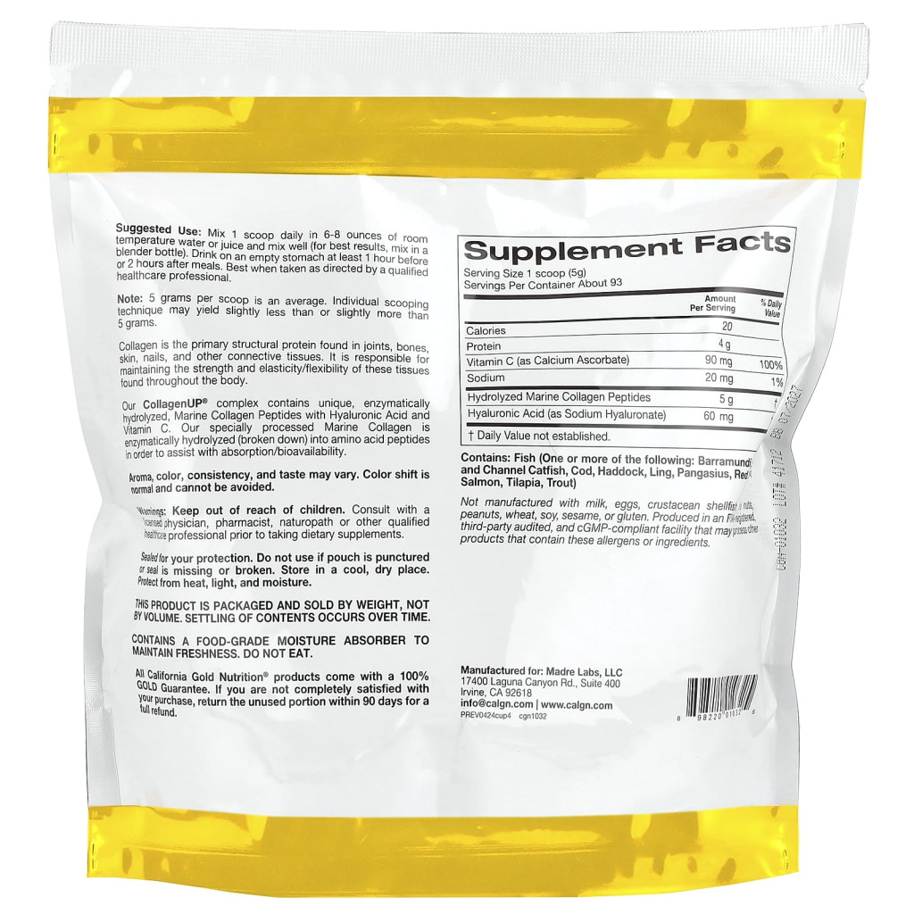 California Gold Nutrition, CollagenUP®, Hydrolyzed Marine Collagen Peptides with Hyaluronic Acid and Vitamin C, Unflavored, 1.02 lb (464 g) California Gold Nutrition, CollagenUP®, Hydrolyzed Marine Collagen Peptides with Hyaluronic Acid and Vitamin C, Unflavored, 1.02 lb (464 g)