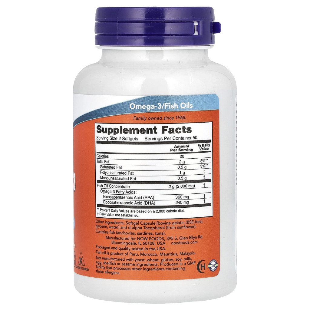 NOW Foods, Omega-3 Fish Oil, 1,000 mg, 180 EPA - 120 DHA, 100 Softgels NOW Foods, Omega-3 Fish Oil, 1,000 mg, 180 EPA - 120 DHA, 100 Softgels