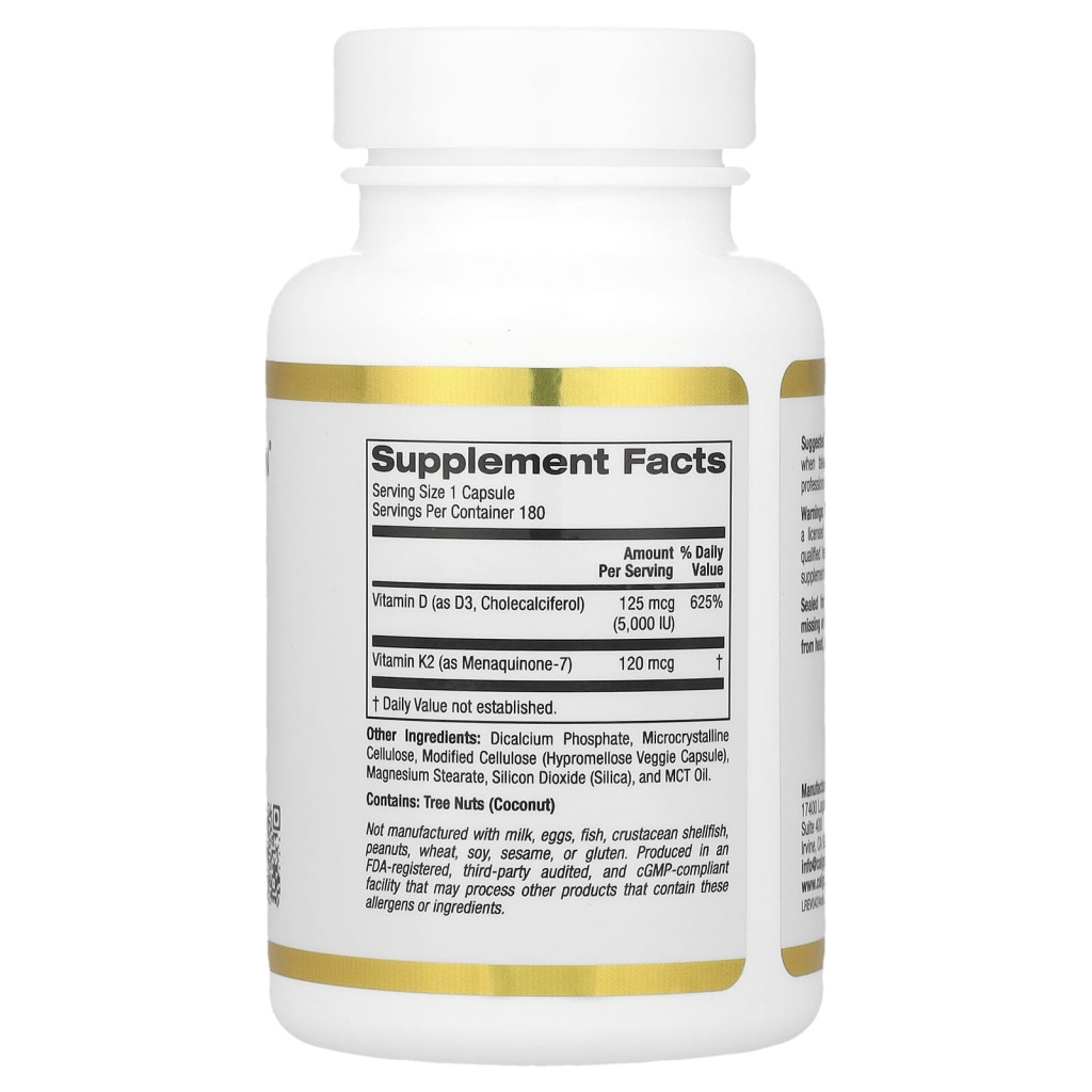 California Gold Nutrition, Vitamin D3 + K2 as MK-7, 180 Veggie Capsules California Gold Nutrition, Vitamin D3 + K2 as MK-7, 180 Veggie Capsules