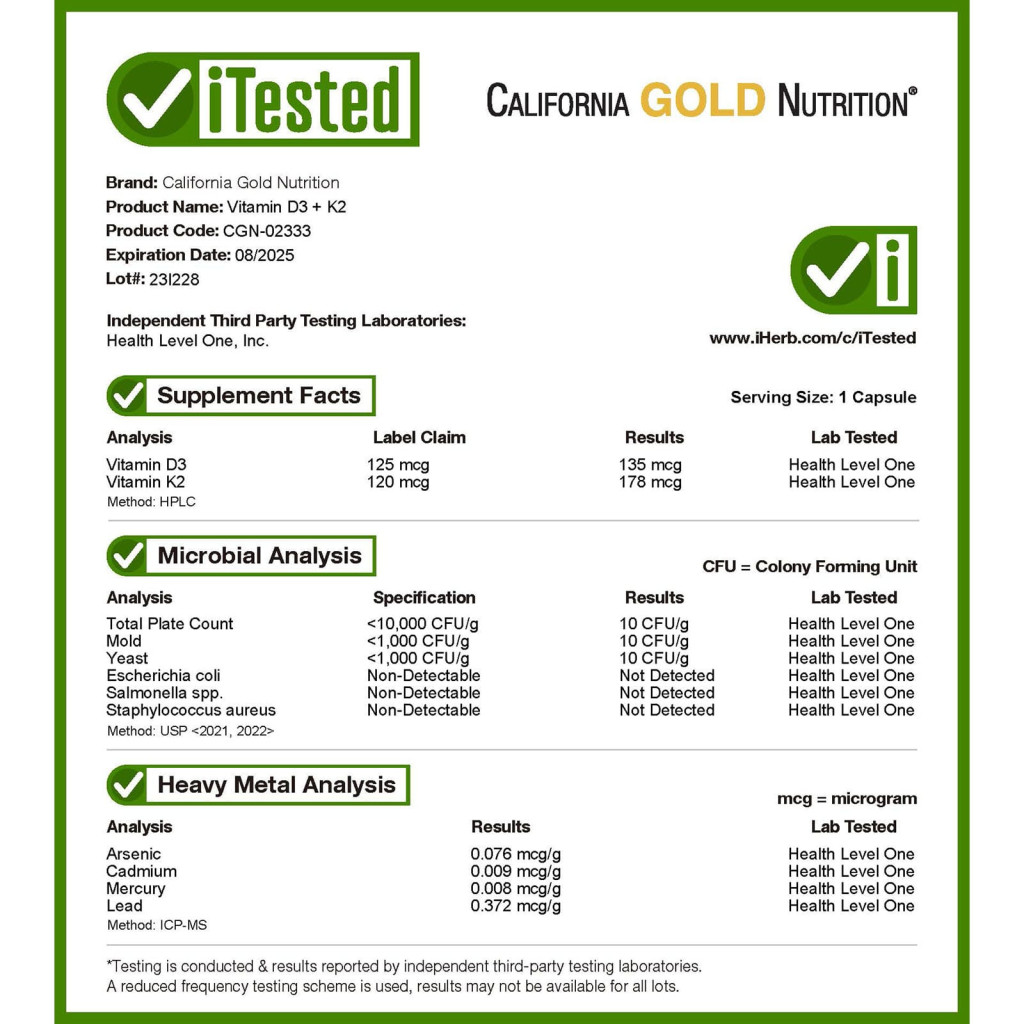 California Gold Nutrition, Vitamin D3 + K2 as MK-7, 180 Veggie Capsules California Gold Nutrition, Vitamin D3 + K2 as MK-7, 180 Veggie Capsules