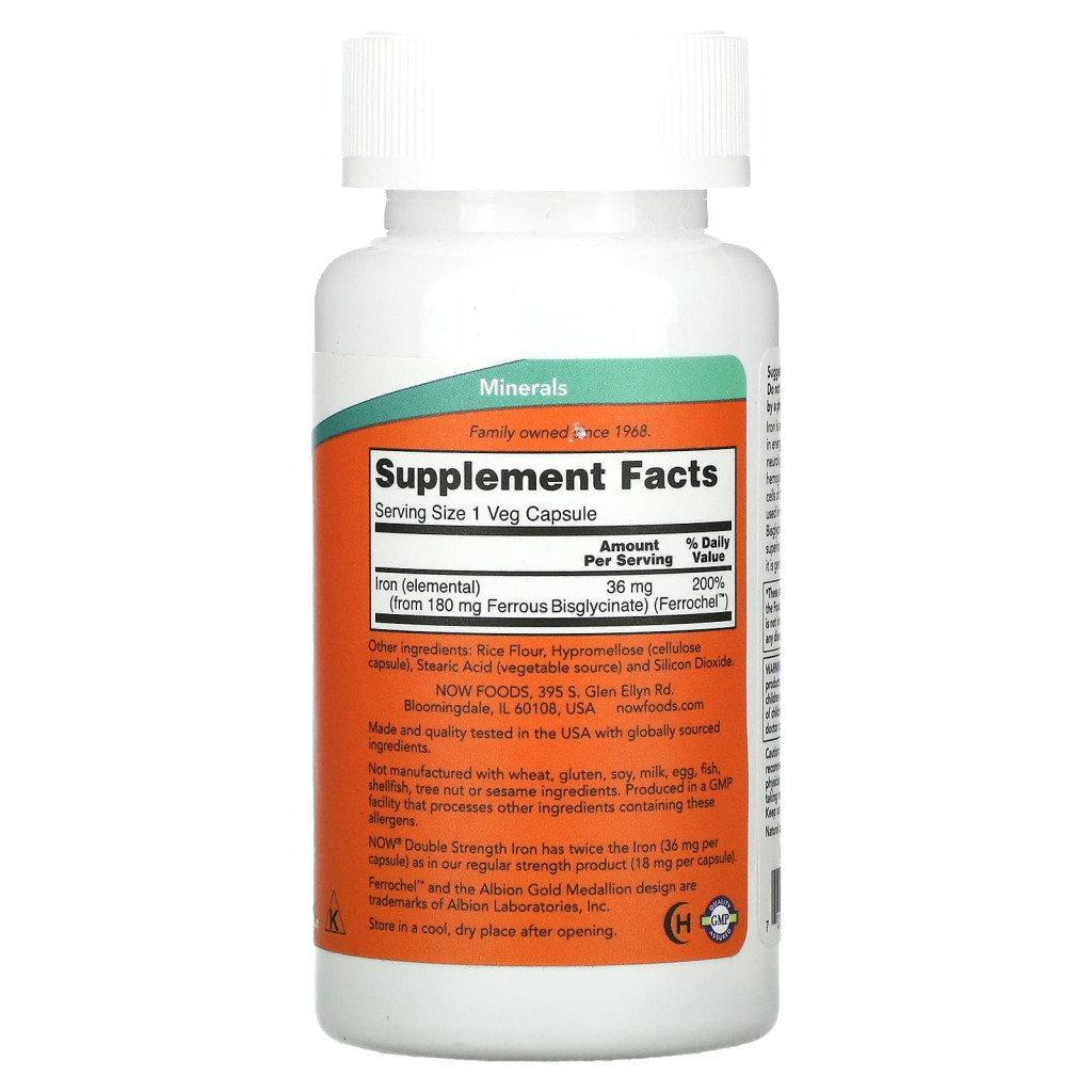 NOW Foods, Iron, Double Strength, 36 mg, 90 Veg Capsules NOW Foods, Iron, Double Strength, 36 mg, 90 Veg Capsules