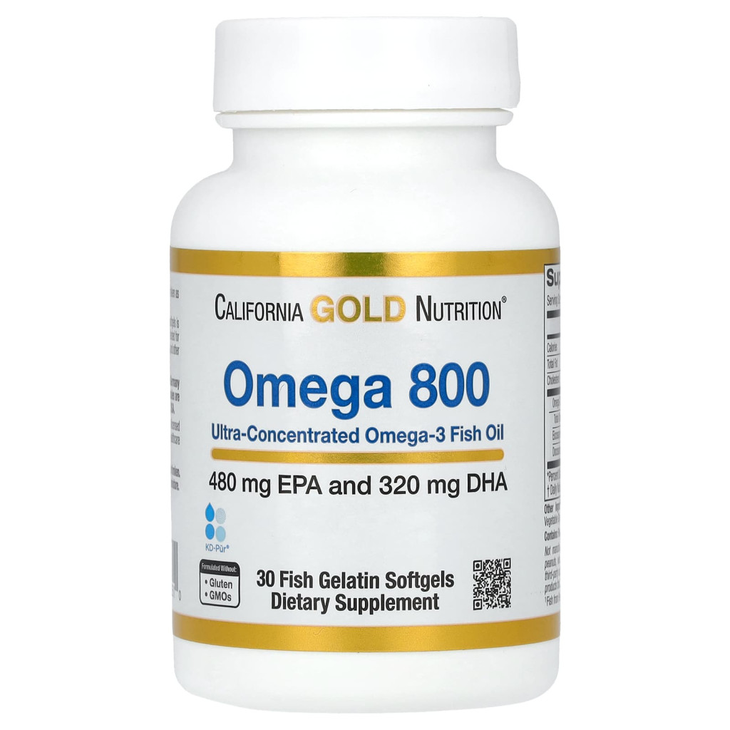 California Gold Nutrition, Omega 800 Ultra-Concentrated Omega-3 Fish Oil, kd-pur Triglyceride Form, 30 Fish Gelatin Softgels (1,000 mg Per Softgel) California Gold Nutrition, Omega 800 Ultra-Concentrated Omega-3 Fish Oil, kd-pur Triglyceride Form, 30 Fish Gelatin Softgels (1,000 mg Per Softgel)