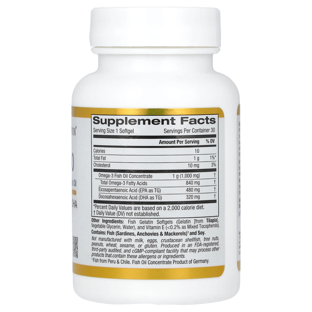 California Gold Nutrition, Omega 800 Ultra-Concentrated Omega-3 Fish Oil, kd-pur Triglyceride Form, 30 Fish Gelatin Softgels (1,000 mg Per Softgel) California Gold Nutrition, Omega 800 Ultra-Concentrated Omega-3 Fish Oil, kd-pur Triglyceride Form, 30 Fish Gelatin Softgels (1,000 mg Per Softgel)