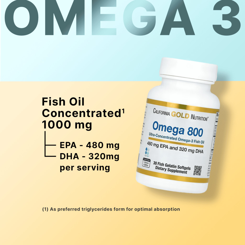 California Gold Nutrition, Omega 800 Ultra-Concentrated Omega-3 Fish Oil, kd-pur Triglyceride Form, 30 Fish Gelatin Softgels (1,000 mg Per Softgel) California Gold Nutrition, Omega 800 Ultra-Concentrated Omega-3 Fish Oil, kd-pur Triglyceride Form, 30 Fish Gelatin Softgels (1,000 mg Per Softgel)